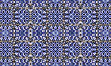 Sarı merkezli ve siyah aksanlı mavi çiçeklerin, küçük sarı ve siyah şekilli geometrik bir arkaplan oluşturduğu renkli ve çetrefilli bir desen..