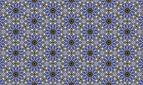 Mavi, siyah ve beyaz geometrik şekillerin ve çiçek motiflerinin tekrarlanan bir dizaynını içeren görsel olarak çarpıcı bir mozaik desen kusursuz ve karmaşık bir görsel efekt yaratır..