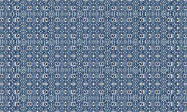 Kareler ve çiçek motifleri içeren kusursuz mavi ve beyaz geometrik desen, görsel olarak çekici ve karmaşık bir tasarım yaratıyor..