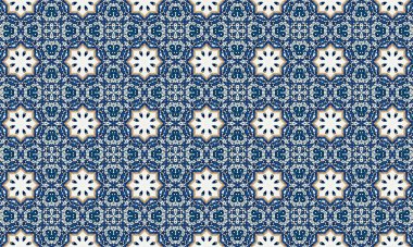 Çiçek motifleri ve süslü detaylarıyla karmaşık mavi ve beyaz geometrik şekiller içeren kusursuz bir desen klasik ve zamansız bir tasarım yaratıyor..