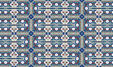 Kusursuz bir arkaplan üzerinde mavi, kırmızı ve beyaz renkler içeren renkli ve detaylı bir desen, tekstil ve dekoratif tasarımları için mükemmel.