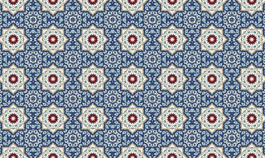 Tertemiz bir tasarım, İslami sanat ve mimarinin karakteristiği mavi, kırmızı ve beyaz renkleri içeren karmaşık geometrik desen.