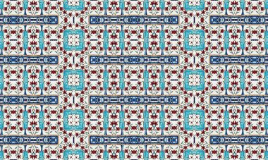 Renkli ve karmaşık bir geometrik desen. Mavi, kırmızı ve beyaz çiçekler ve tekrar eden bir dizayn..