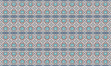 Fas sanat ve mimarisinden esinlenilmiş mavi, kırmızı ve beyaz renklilerden oluşan renklendirici ve karmaşık bir desen..