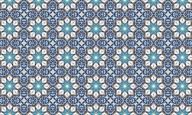 Tekrarlayan bir dizaynda mavi, beyaz ve bej renkler içeren karmaşık geometrik döşeme deseni, Fas ve İslami sanat stillerinin karakteristiği.