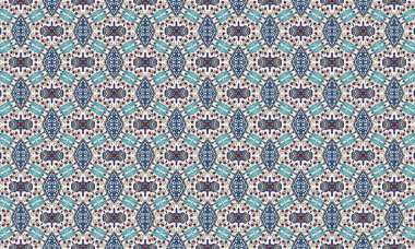 Beyaz arka planda mavi, kırmızı ve turkuaz şekilli renkli ve detaylı bir fayans deseni, geleneksel Fas sanat ve mimarisini anımsatıyor..