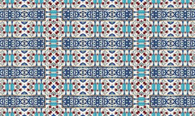 Fas sanat ve mimarisinden esinlenen mavi, kırmızı ve beyaz renkleri içeren renkli ve karmaşık bir döşeme deseni kusursuz ve görsel olarak çekici bir tasarım yaratıyor..