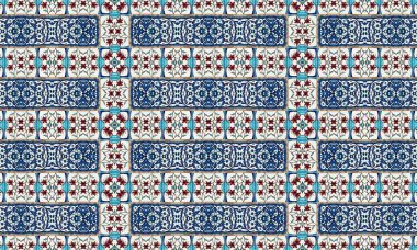 Mavi, kırmızı ve beyaz tonlarında geleneksel Fas fayanslarının renkli ve çetrefilli deseni güzel ve detaylı bir doku yaratıyor..