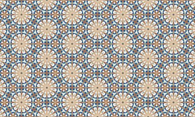 Mavi, bej ve beyaz tonlarında çiçek motifleri içeren kusursuz ve detaylı bir geometrik desen görsel olarak çarpıcı ve uyumlu bir tasarım yaratıyor..