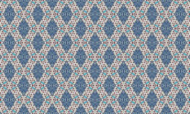 Arka plan ve tekstil için ideal, simetrik ve tekrarlayan bir dizaynda mavi, kırmızı ve beyaz renkleri içeren renkli ve karmaşık bir geometrik desen