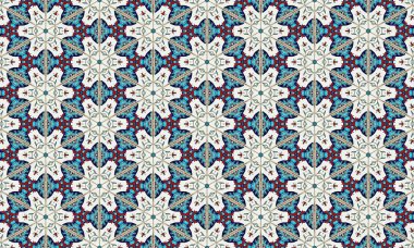 Renkli ve detaylı bir desen. Mavi, kırmızı ve beyaz renkli tekrarlayan motifler. Görsel olarak çarpıcı ve karmaşık bir tasarım yaratıyor..