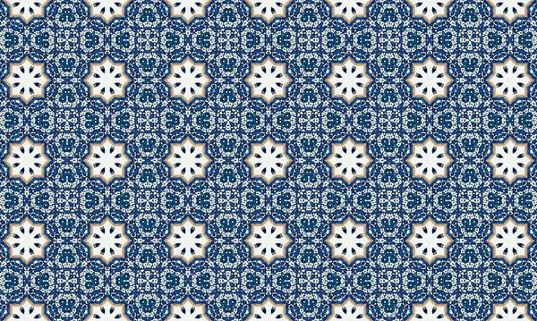 Çiçek motifleri ve süslü detaylarıyla karmaşık mavi ve beyaz geometrik şekiller içeren kusursuz bir desen klasik ve zamansız bir tasarım yaratıyor..