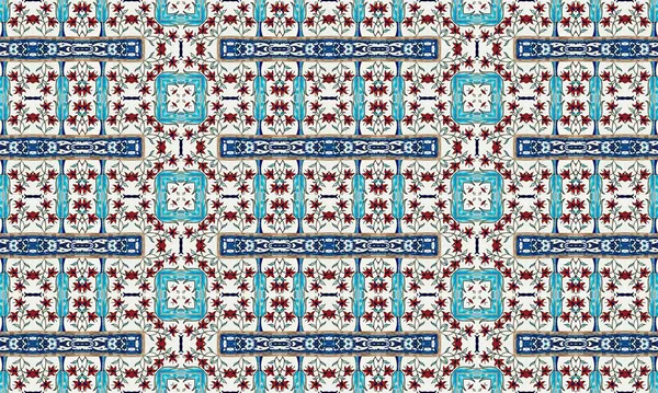 Renkli ve karmaşık bir geometrik desen. Mavi, kırmızı ve beyaz çiçekler ve tekrar eden bir dizayn..