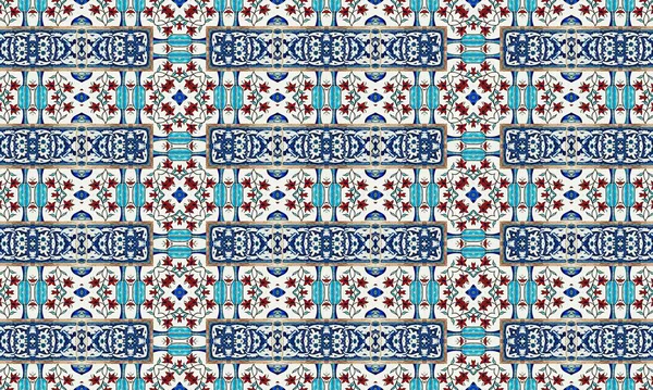 Fas sanat ve mimarisinden esinlenen mavi, kırmızı ve beyaz renkleri içeren renkli ve karmaşık bir döşeme deseni kusursuz ve görsel olarak çekici bir tasarım yaratıyor..