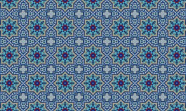 Mavi, kırmızı ve turkuaz tonlarında tekrarlayan şekiller ve çiçek motifleri içeren karmaşık ve renkli İslami geometrik desen.