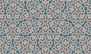 Beyaz zemin üzerinde mavi, kırmızı ve yeşil şekiller içeren renkli ve karmaşık bir çiçek deseni kusursuz ve görsel olarak çekici bir tasarım yaratıyor..