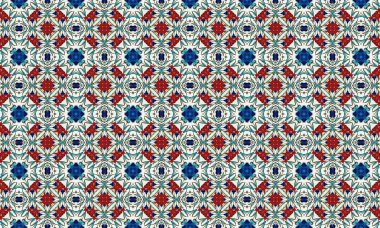 Kusursuz bir arka plan dokusunda kırmızı, mavi ve beyaz renkler içeren renkli ve karmaşık bir desen, tasarım ve dekoratif amaçlar için ideal..