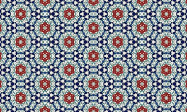 Tekrarlayan bir dizaynda kırmızı, mavi ve beyaz renkleri içeren renkli ve karmaşık bir çiçek deseni, görsel olarak çekici ve simetrik bir kompozisyon oluşturur..