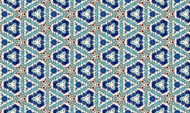 Beyaz zemin üzerinde mavi çiçekler, kırmızı aksanlar ve yeşil yapraklar içeren renkli ve karmaşık bir çiçek deseni, geometrik desende kusursuz bir şekilde tekrarlandı..