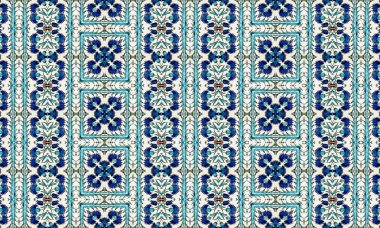 Mavi çiçekleri ve yaprakları içeren renkli ve detaylı bir desen. Karmaşık tasarımlar ve şekillerle beyaz bir arkaplanda..