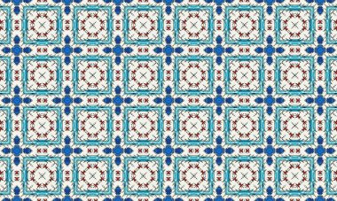 Mavi, kırmızı ve beyaz karolardan oluşan renkli ve karmaşık bir geometrik desen simetrik bir dizayn yaratarak görsel olarak çekici ve uyumlu bir kompozisyon oluşturur..