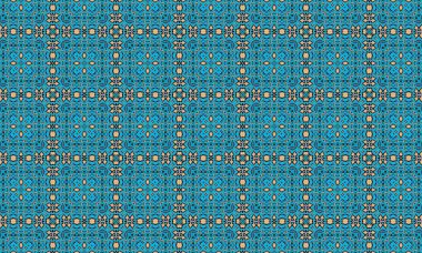 Mavi ve altın tonlarında, kusursuz, tekrarlayan geometrik şekiller, görsel olarak çarpıcı ve karmaşık bir tasarım yaratıyor..