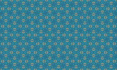 Katı bir deniz mavisi arkaplanında kusursuz bir desen, bej ve siyah mandalalar ve çiçek motifleri, görsel olarak çarpıcı ve dekoratif bir tasarım yaratıyor.