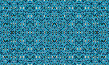 Mavi, kırmızı ve bej tonlarında karmaşık tasarımlar ve şekiller içeren kusursuz bir turkuaz desen görsel olarak çarpıcı ve simetrik bir bileşim oluşturur..