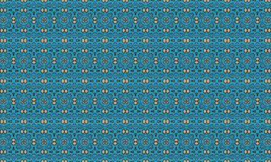 Karmaşık geometrik şekiller içeren renkli ve detaylı bir turkuaz desen ve bej, siyah ve kırmızı tonlarda Aztek esinlenilmiş motifler..