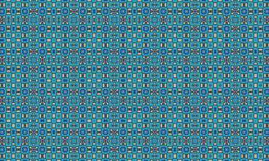 Mavi, bej ve mor şekilli renkli ve detaylı bir geometrik desen, arka plan ve tekstil için idealdir..