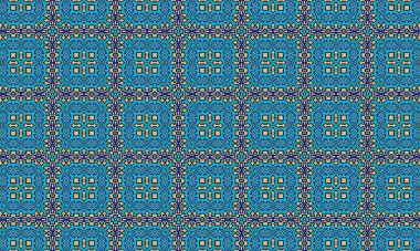 Mavi ve altının tonlarında, karmaşık geometrik şekillerin kusursuz tekrarlayan deseni geleneksel Fas fayans tasarımlarını ve mimarisini çağrıştırıyor..