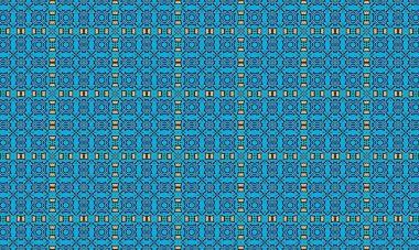 Mavi ve altın renkli karmaşık geometrik şekillerin kusursuz yinelenen deseni görsel olarak çarpıcı ve süslemeli bir tasarım yaratıyor..