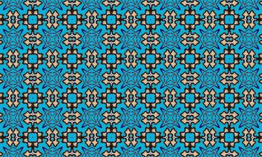 Siyah, beyaz ve sarı renkli tekrarlayan geometrik şekillerle kusursuz bir turkuaz arka plan, görsel olarak çarpıcı ve karmaşık bir desen oluşturur.