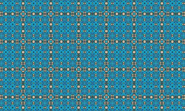 A seamless geometric pattern featuring intricate designs and shapes in beige on a vibrant blue background, creating a visually appealing and dynamic texture.