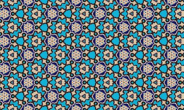 Mavi, turuncu ve siyah şekilleri içeren renkli ve karmaşık bir geometrik desen koyu mavi arka planda tekrar eden bir dizayn..