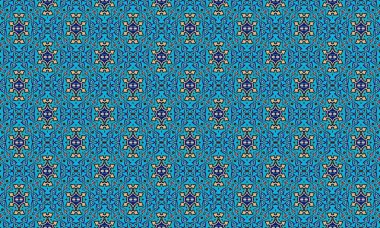 Parlak mavi arka planda karmaşık çiçek motifleri ve geometrik şekillerin tekrarlanan bir dizaynını içeren kusursuz bir desen, koyu mavi, bej ve kırmızı aksanların karışımını sergiliyor..