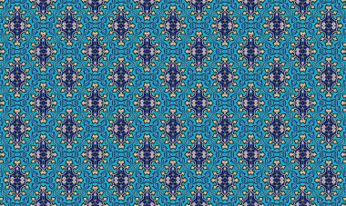 A seamless pattern of intricate blue and gold tiles, showcasing traditional Moroccan design elements in a repeating geometric and floral motif.