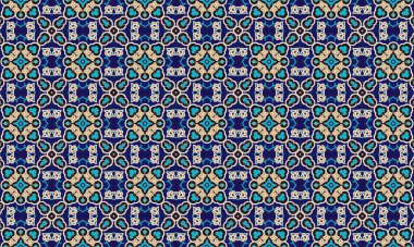 A colorful, intricate geometric pattern featuring blue, turquoise, and beige shapes on a dark blue background, reminiscent of Moroccan tile designs.