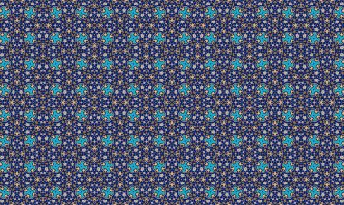 Karmaşık çiçek desenleri, altın aksanlar ve koyu mavi arkaplanda küçük beyaz çiçekler içeren kusursuz mavi ve turkuaz fayanslar..