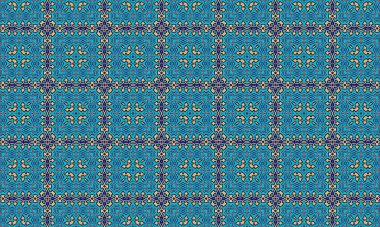 Mor aksanlı ve küçük kırmızı detaylı turkuaz bir zemin üzerinde altın şekiller barındıran renkli, simetrik bir desen görsel olarak çarpıcı bir tasarım yaratıyor.