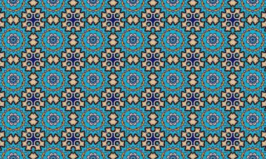 Mavi, turuncu ve beyaz tonlarında çiçek motifleri içeren renkli ve karmaşık bir geometrik desen, tekrarlanan bir dizayn ile düzenlenmiştir..