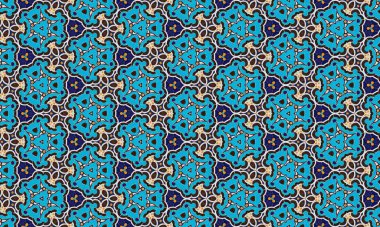 Birbirine kenetlenmiş mavi, kahverengi ve turuncu şekilli renkli ve detaylı bir fayans deseni geleneksel Fas sanat ve mimarisini anımsatıyor..