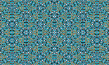 Turkuaz, turuncu, siyah ve beyaz şekilli renkli ve detaylı bir geometrik desen, görsel olarak çarpıcı ve karmaşık bir tasarım yaratıyor..