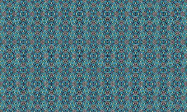 Tekrarlayan yıldız ve çiçek motifleri dizaynında turkuaz, mor ve bej şekilli renkli ve detaylı bir geometrik desen..