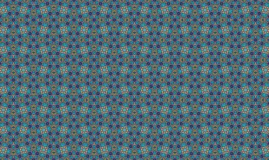 A stunning repeating pattern of intricate blue, turquoise, and gold geometric shapes with floral motifs on a dark blue background, perfect for design and decoration.