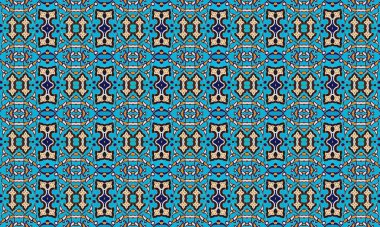 Turkuaz, turuncu ve koyu mavi tonlarda geometrik şekiller içeren renkli ve detaylı bir desen..