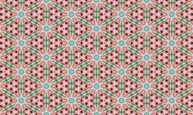 Pembe, yeşil ve mavi tonlarında geometrik şekiller ve çiçek motifleri içeren renkli ve karmaşık bir desen, görsel olarak çekici bir tasarım yaratıyor..