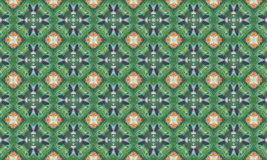 Tekrarlayan bir dizaynda yeşil, turuncu, pembe ve siyah simetrik şekilleri ve çiçek motiflerini içeren kusursuz, karmaşık bir desen..