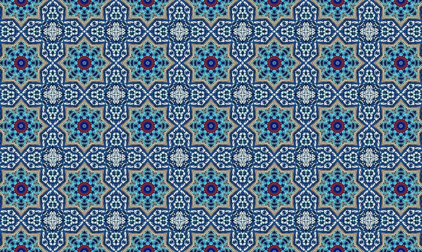 Mavi, kırmızı ve turkuaz tonlarında tekrarlayan şekiller ve çiçek motifleri içeren karmaşık ve renkli İslami geometrik desen.