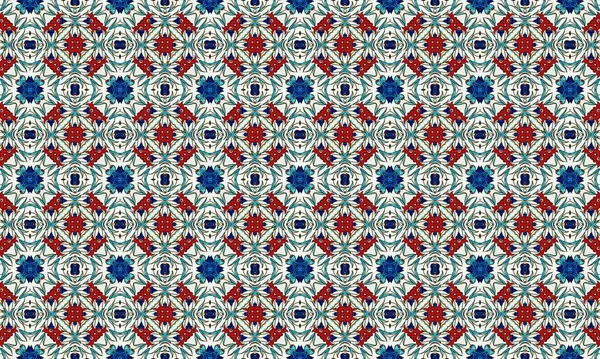 Kusursuz bir arka plan dokusunda kırmızı, mavi ve beyaz renkler içeren renkli ve karmaşık bir desen, tasarım ve dekoratif amaçlar için ideal..